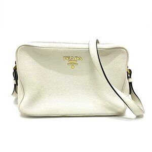 PRADA logo Double zipper bag Shoulder Bag Leather White/GoldHardware